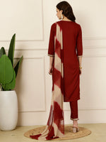 Thumbnail for Antaran Maroon Rayon Embellished Kurta Pant & Dupatta Set - Distacart