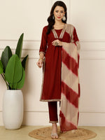 Thumbnail for Antaran Maroon Rayon Embellished Kurta Pant & Dupatta Set - Distacart