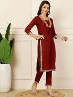 Thumbnail for Antaran Maroon Rayon Embellished Kurta Pant & Dupatta Set - Distacart