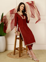 Thumbnail for Antaran Maroon Rayon Embellished Kurta Pant & Dupatta Set - Distacart