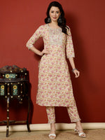 Thumbnail for Antaran Peach Pure Cotton Embroidered Kurta Pant Set - Distacart