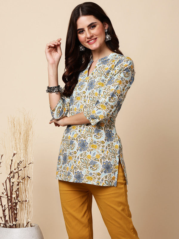 Antaran Blue Pure Cotton Printed Tunic - Distacart