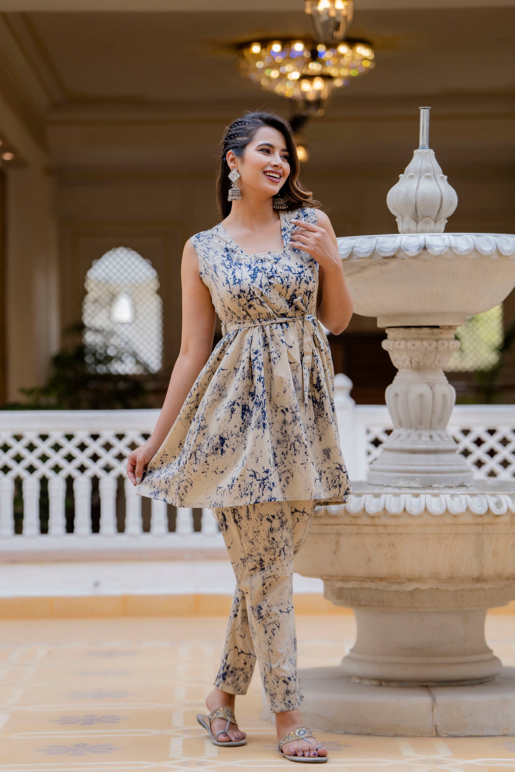Buy Antaran Beige Pure Cotton Marble Printed Co Ord Set with tie on waist  Online at Low Price