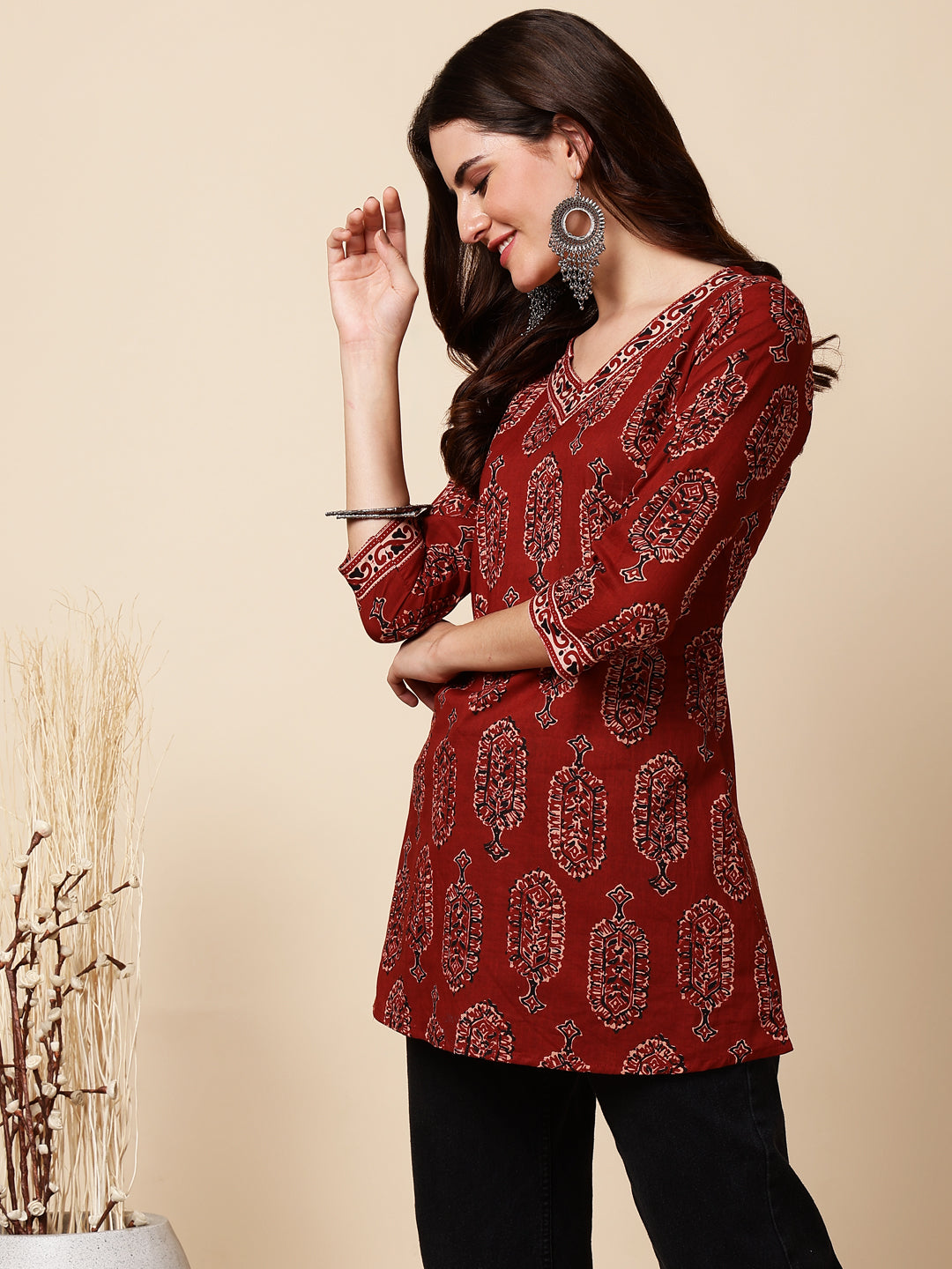Antaran Maroon Pure Cotton Maroon Printed Tunic - Distacart
