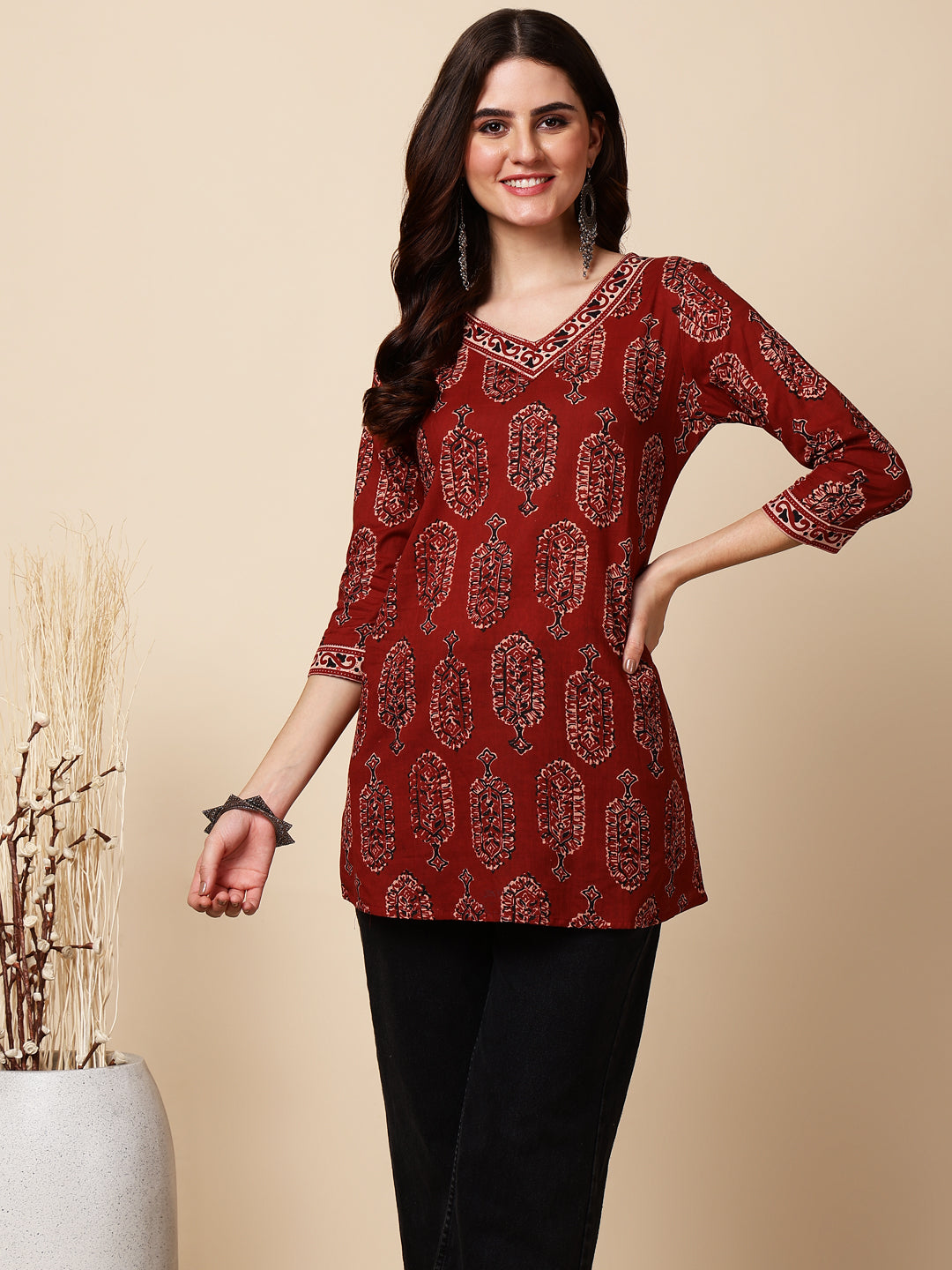 Antaran Maroon Pure Cotton Maroon Printed Tunic - Distacart