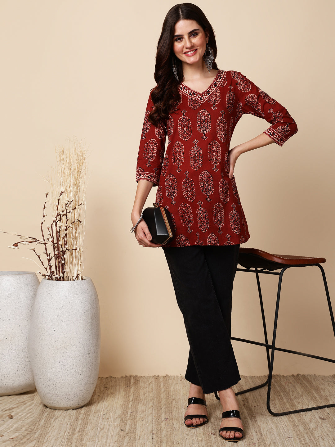 Antaran Maroon Pure Cotton Maroon Printed Tunic - Distacart