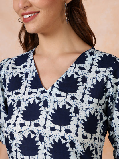 Antaran Blue Pure Cotton Printed Tunic - Distacart