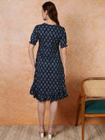Thumbnail for Antaran Blue Pure Cotton Flared Printed Dress - Distacart