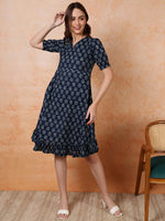 Thumbnail for Antaran Blue Pure Cotton Flared Printed Dress - Distacart