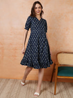 Thumbnail for Antaran Blue Pure Cotton Flared Printed Dress - Distacart