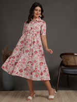 Thumbnail for Antaran White Pure Cotton Tiered Floral Printed Dress - Distacart