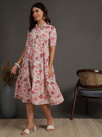 Thumbnail for Antaran White Pure Cotton Tiered Floral Printed Dress - Distacart