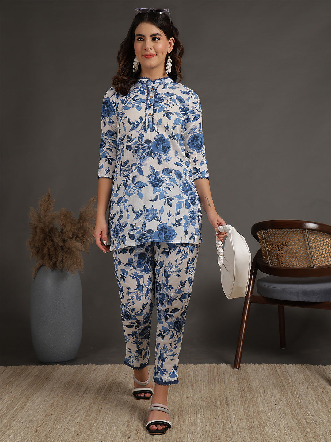 Antaran White Pure Cotton Printed Cord Set With Lace Detail - Distacart