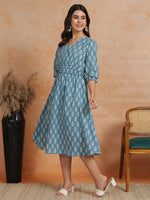 Thumbnail for Antaran Blue Pure Cotton Printed Flared Dress - Distacart