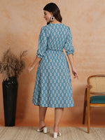 Thumbnail for Antaran Blue Pure Cotton Printed Flared Dress - Distacart