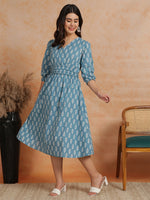 Thumbnail for Antaran Blue Pure Cotton Printed Flared Dress - Distacart