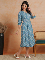 Thumbnail for Antaran Blue Pure Cotton Printed Flared Dress - Distacart