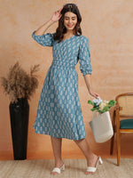 Thumbnail for Antaran Blue Pure Cotton Printed Flared Dress - Distacart