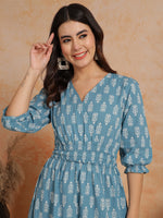 Thumbnail for Antaran Blue Pure Cotton Printed Flared Dress - Distacart