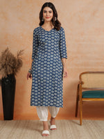 Thumbnail for Antaran Blue Pure Cotton Printed Kurta With V Neck - Distacart