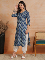 Thumbnail for Antaran Blue Pure Cotton Printed Kurta With V Neck - Distacart