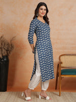 Thumbnail for Antaran Blue Pure Cotton Printed Kurta With V Neck - Distacart