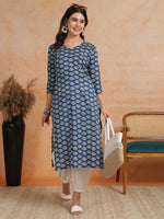 Thumbnail for Antaran Blue Pure Cotton Printed Kurta With V Neck - Distacart