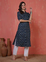 Thumbnail for Antaran Blue Pure Cotton Front Buttoned Indigo Printed Kurta - Distacart