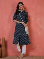 Thumbnail for Antaran Blue Pure Cotton Front Buttoned Indigo Printed Kurta - Distacart