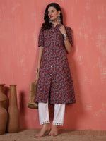 Thumbnail for Antaran Maroon Pure Cotton Front Buttoned Printed Kurta - Distacart