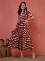 Thumbnail for Antaran Maroon Pure Cotton Tiered Printed Dress - Distacart