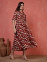 Thumbnail for Antaran Maroon Pure Cotton Tiered Printed Dress - Distacart