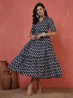 Thumbnail for Antaran Blue Pure Cotton Tiered Printed Dress - Distacart