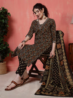 Thumbnail for Antaran Black Pure Cotton Embroidered Kurta Pant Dupatta - Distacart