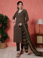 Thumbnail for Antaran Black Pure Cotton Embroidered Kurta Pant Dupatta - Distacart