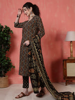 Thumbnail for Antaran Black Pure Cotton Embroidered Kurta Pant Dupatta - Distacart