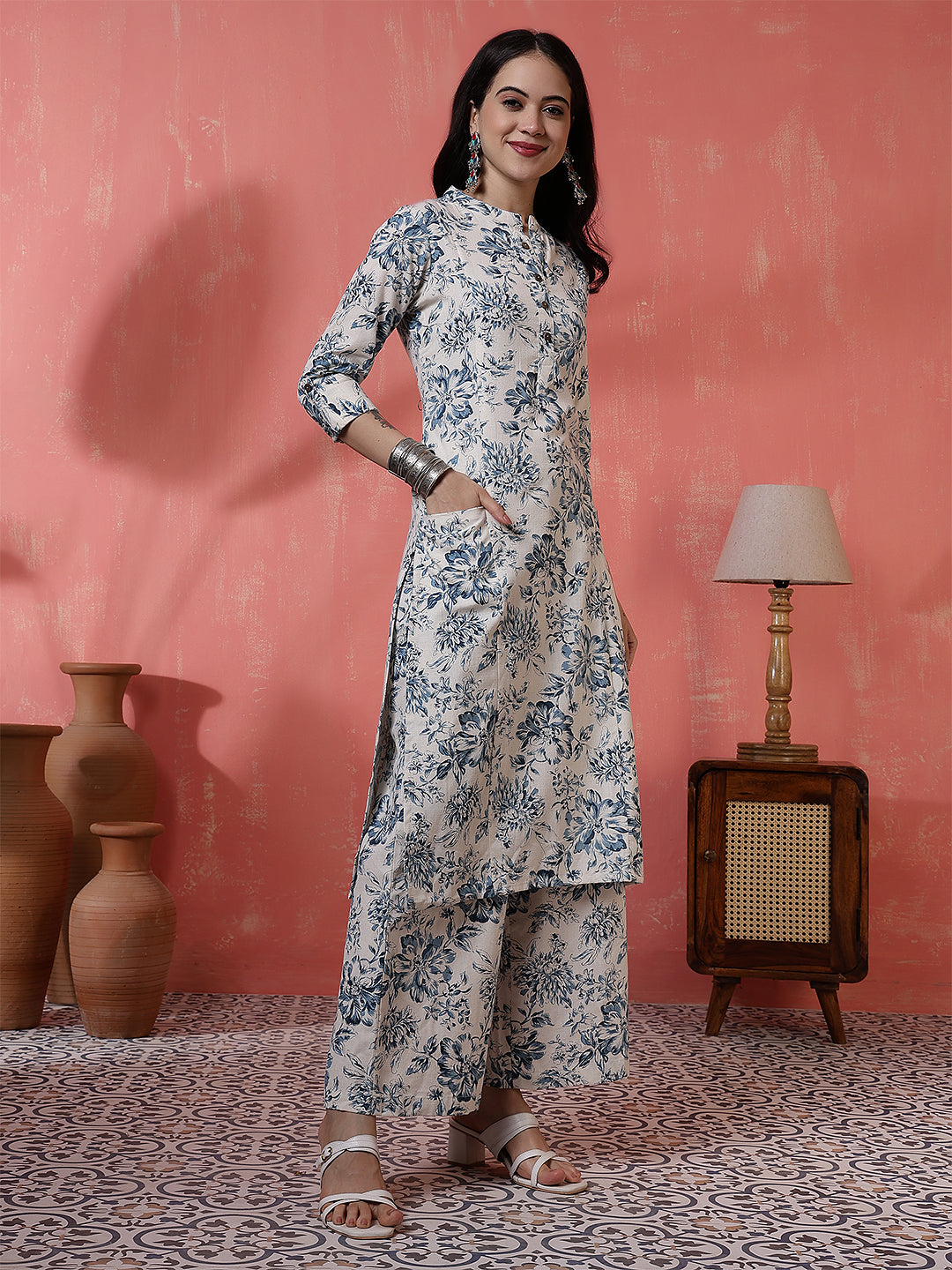Antaran Off White Pure Cotton Printed Kurta Pant Set - Distacart