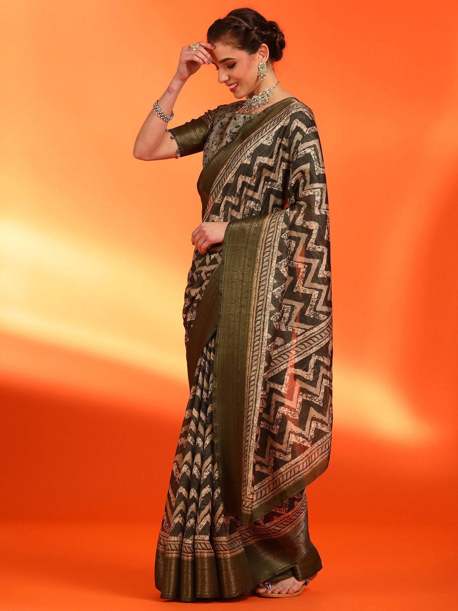 NOZ2TOZ Women's Dola Silk Olive Printed Designer Saree With Blouse Piece - Distacart