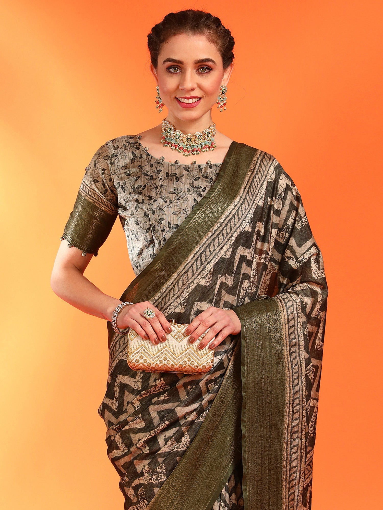 NOZ2TOZ Women's Dola Silk Olive Printed Designer Saree With Blouse Piece - Distacart