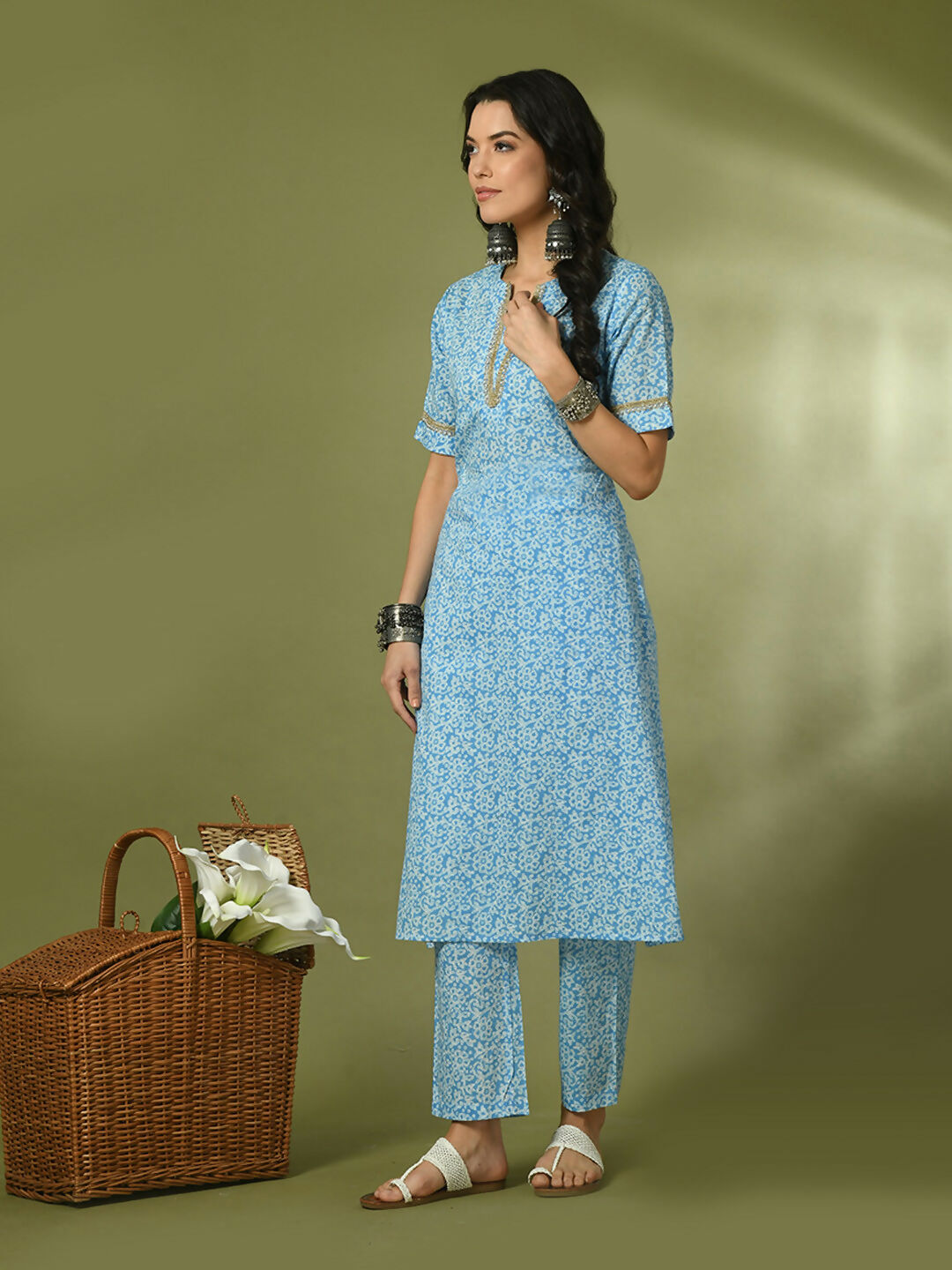 Myshka Women's Blue Printed Cotton Straight Party Kurta Set - Distacart