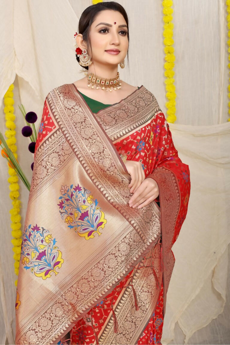 Jyoti Fashion Women's Red Patola Silk Zari Woven Saree with Blouse - Distacart