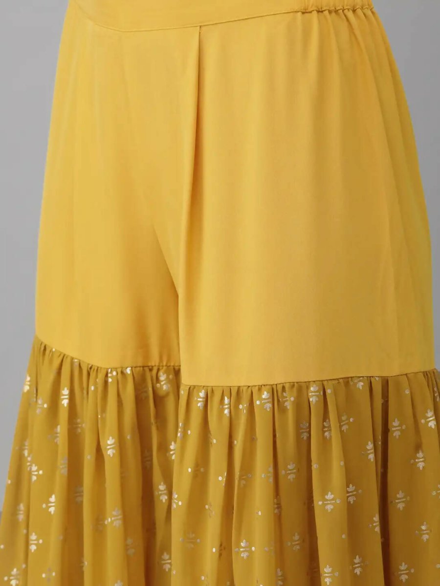 Ahalyaa Mustard Georgette Gold Foil Print Peplum Kurta Sharara Set With Dupatta - Distacart