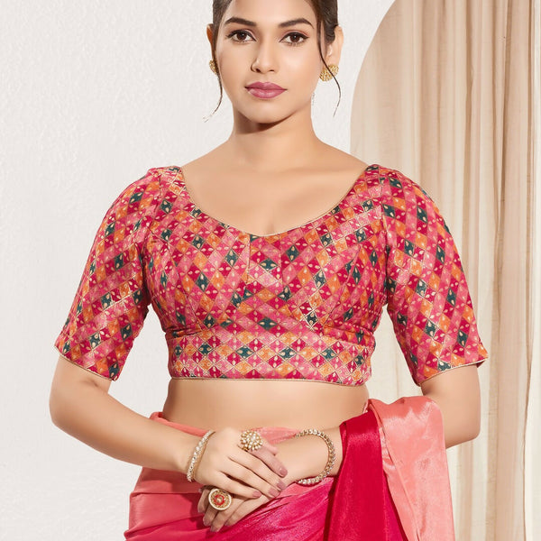 Joban Fashion Pink Jacquard Padded Blouse With Round Neck Elbow Sleeves - Distacart