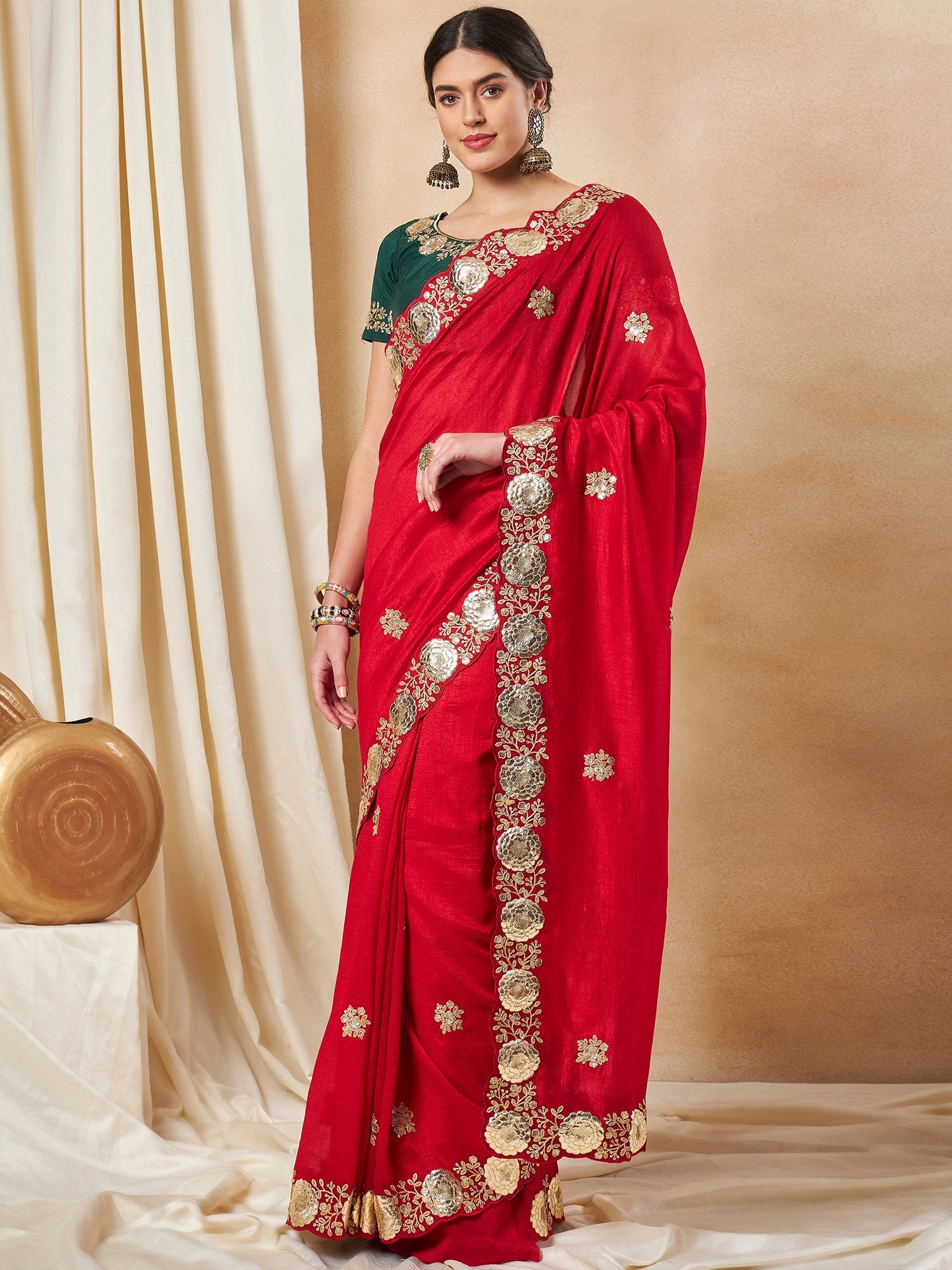 NOZ2TOZ Women's Vichitra Silk Red Embellished Designer Saree With Blouse Piece - Distacart