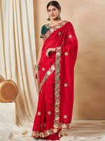 Thumbnail for NOZ2TOZ Women's Vichitra Silk Red Embellished Designer Saree With Blouse Piece - Distacart