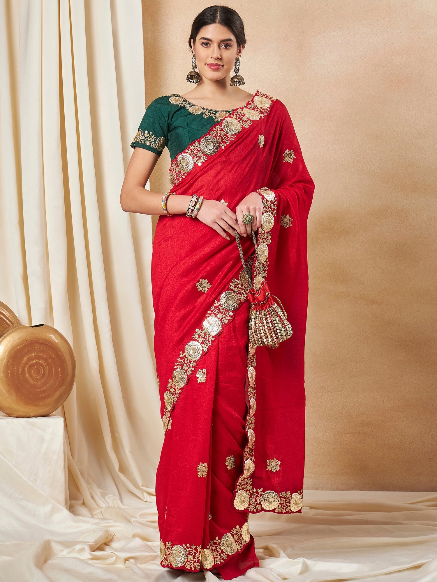 NOZ2TOZ Women's Vichitra Silk Red Embellished Designer Saree With Blouse Piece - Distacart