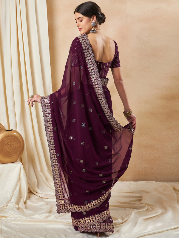 NOZ2TOZ Women's Georgette Purple Embellished Designer Saree With Blouse Piece - Distacart