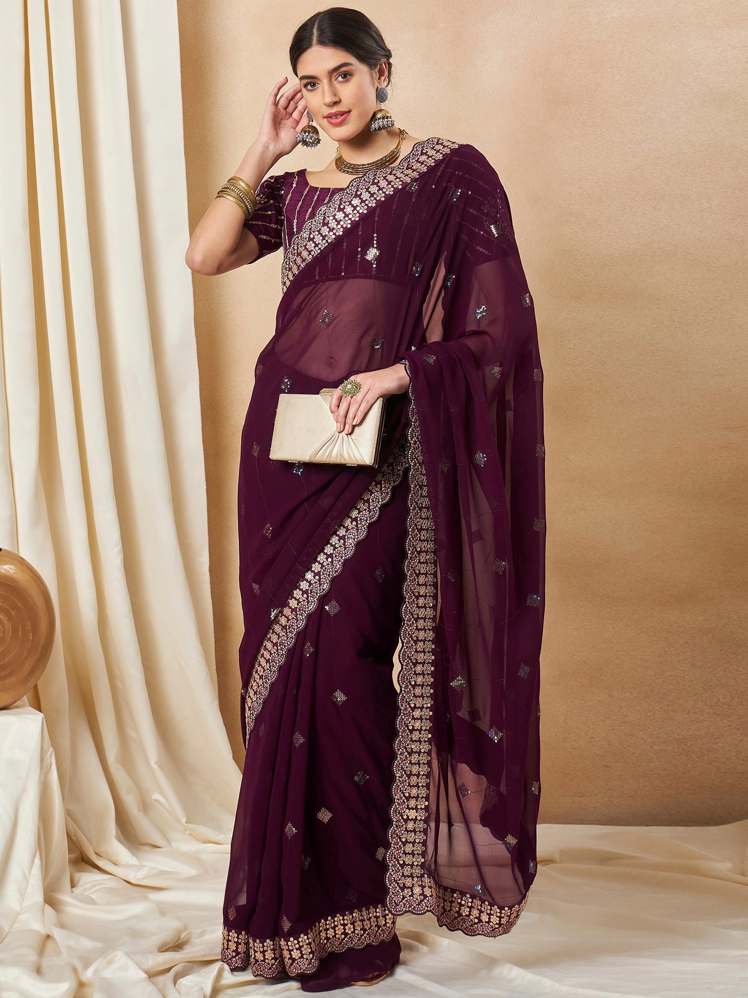 NOZ2TOZ Women's Georgette Purple Embellished Designer Saree With Blouse Piece - Distacart