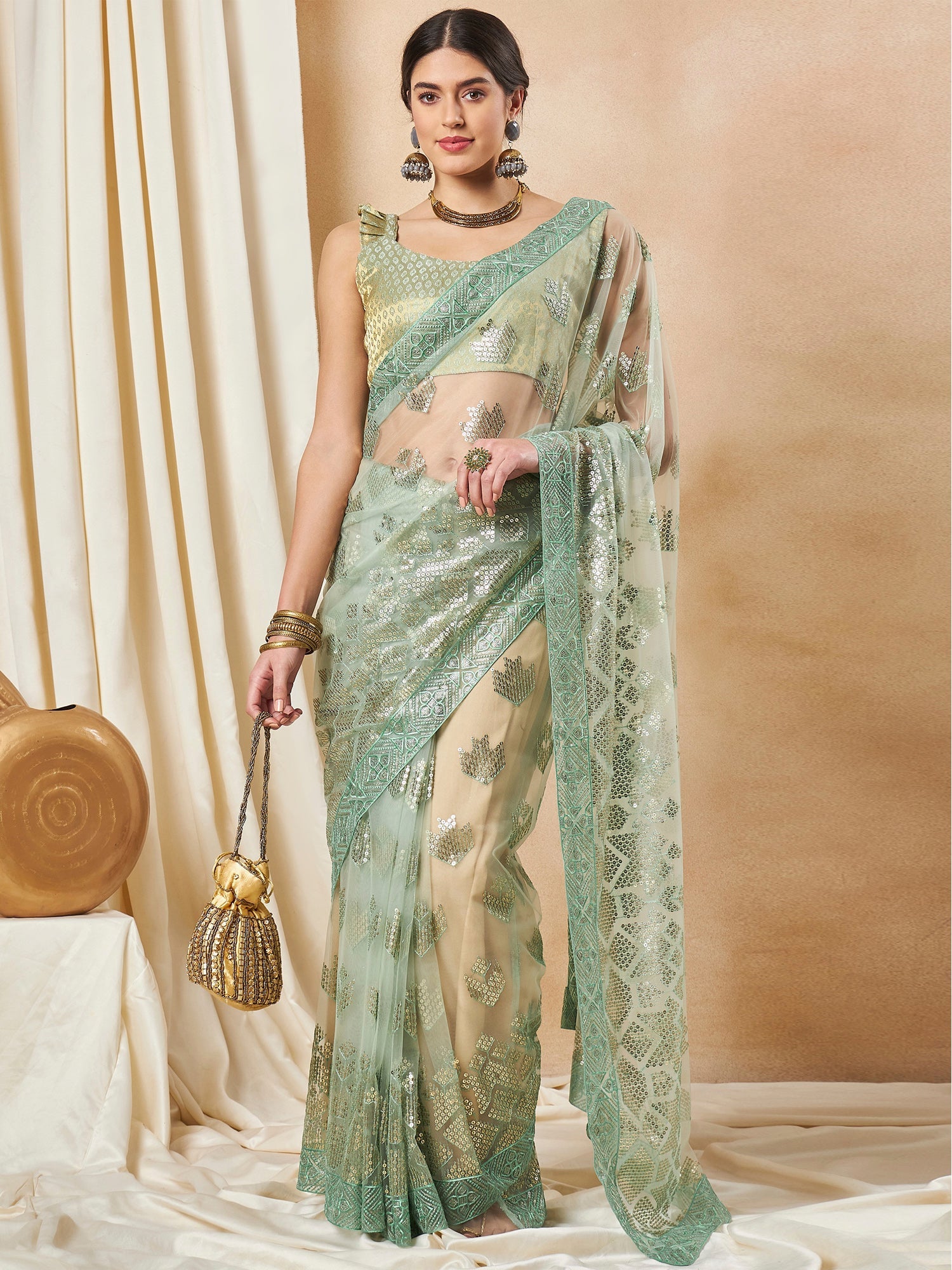 NOZ2TOZ Women's Net Light Green Embellished Designer Saree With Blouse Piece - Distacart