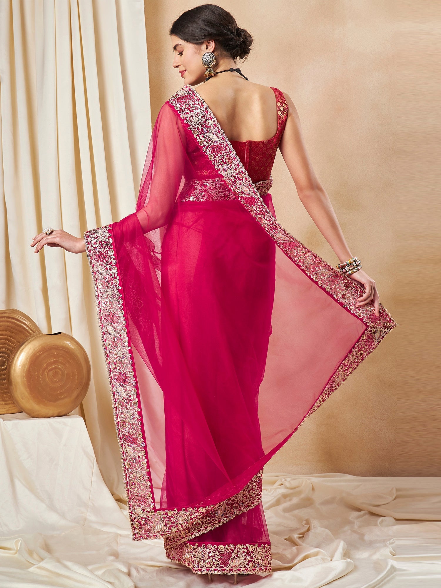 NOZ2TOZ Women's Net Pink Embellished Designer Saree With Blouse Piece - Distacart